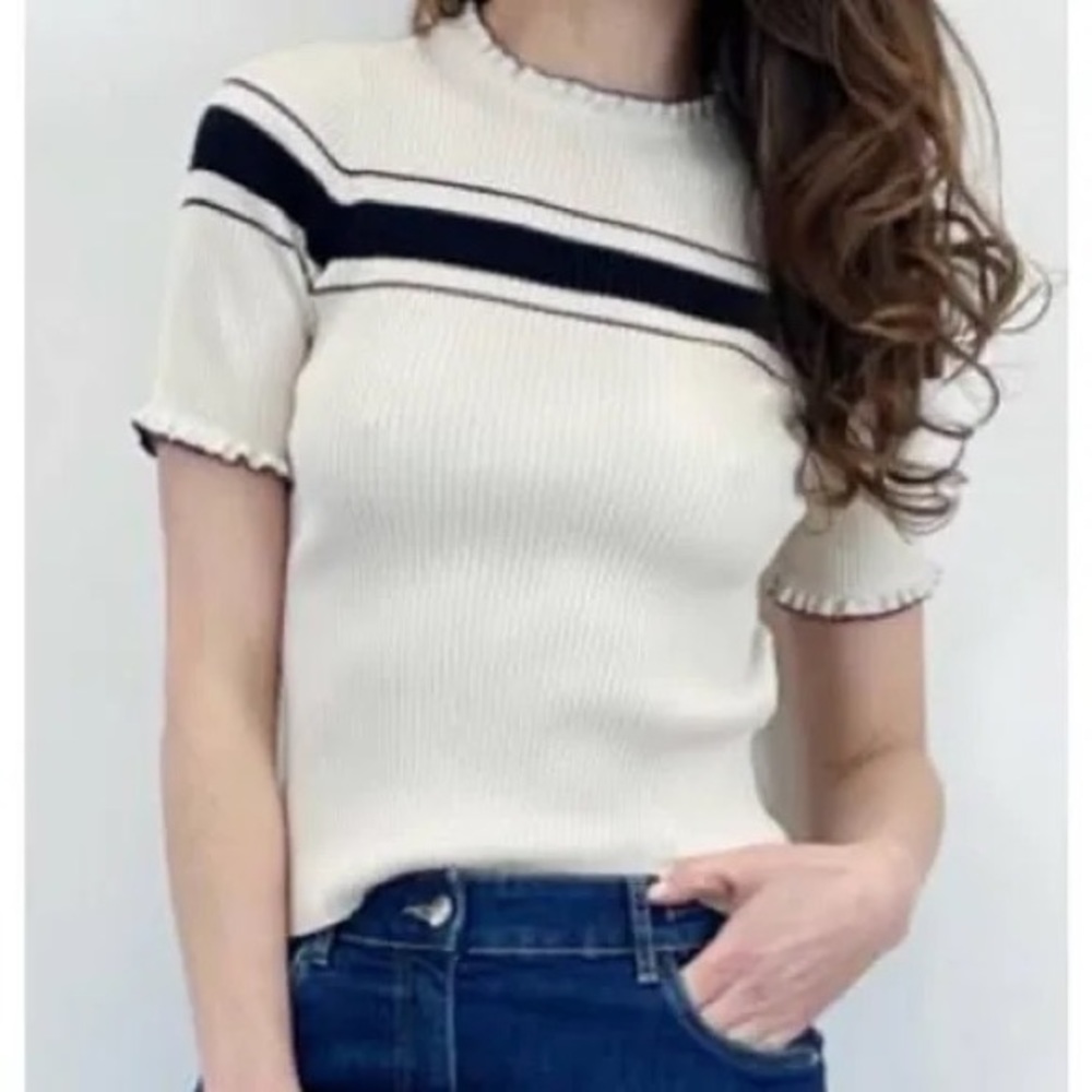 NWOT marella short sleeve cream stripe pullover ruffle frill size medium top